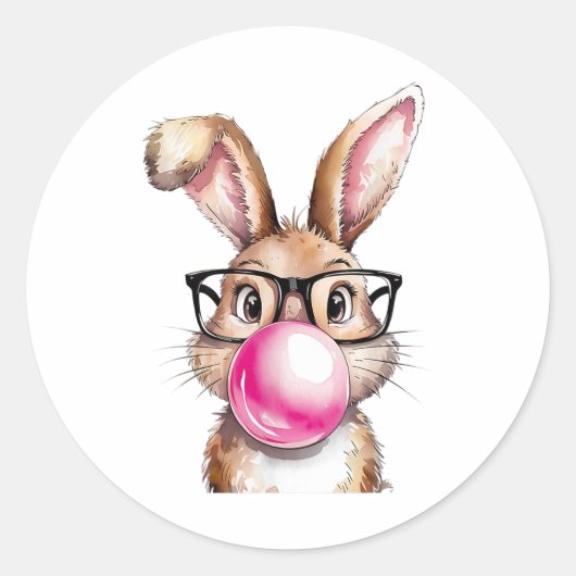 Konijn Bunny Blowing Bubble Gum Paasdag Roze Wo Ronde Sticker (Voorkant)