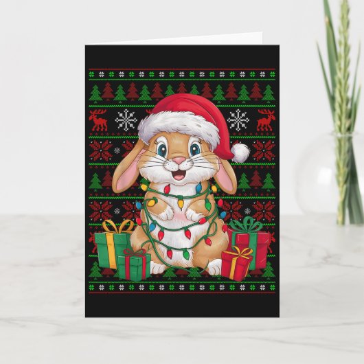 Konijn Bunny Kerstlichten Lelijke Santa Hoed Bunny Kaart (Voorkant)