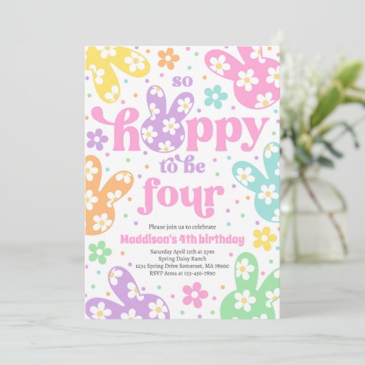 Konijn Daisy Bloemrijke Pastel Lente 4e Verjaardag Kaart (Staand voorkant)