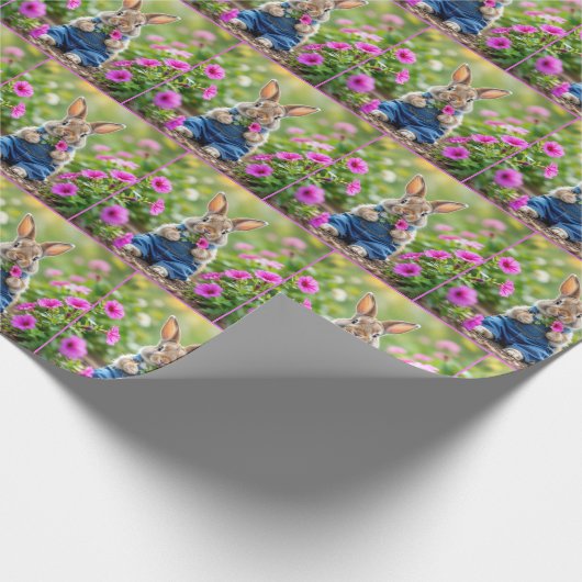 Konijn eet roze petunia bloemen cadeaupapier (Hoek)