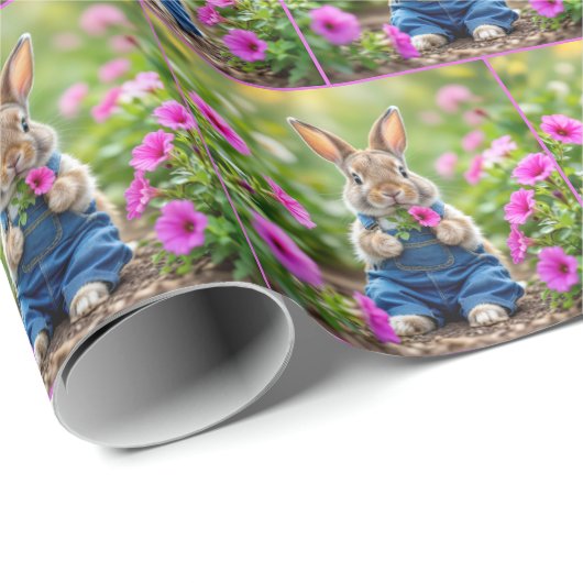 Konijn eet roze petunia bloemen cadeaupapier (Rol Hoek)