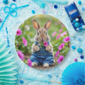 Konijn eet roze petunia bloemen papieren bordje (Feest)