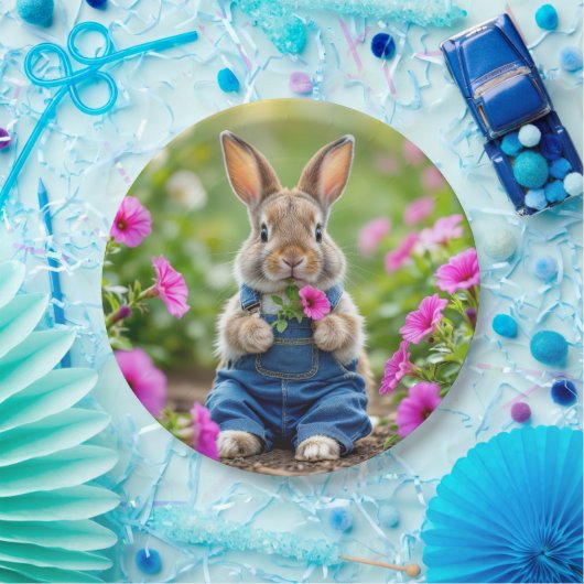 Konijn eet roze petunia bloemen papieren bordje (Feest)