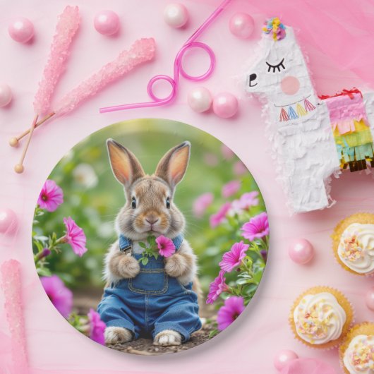 Konijn eet roze petunia bloemen papieren bordje (Feest)