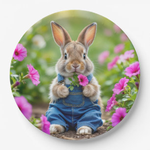 Konijn eet roze petunia bloemen papieren bordje