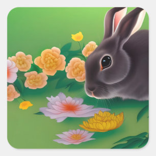 Konijn en bloemen vierkante sticker