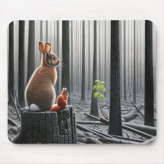 Konijn en eekhoorn in een verkoold bos muismat (Voorkant)