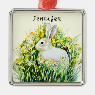 Konijn en gele bloemen metalen ornament