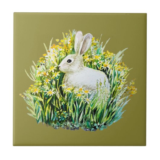 Konijn en gele bloemen tegeltje (Voorkant)