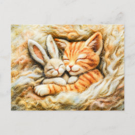 Konijn en kat slapen in wol gemaakt in vilt techn briefkaart