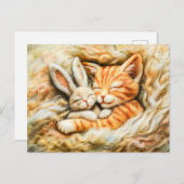 Konijn en kat slapen in wol gemaakt in vilt techn briefkaart (Voorkant / Achterkant)