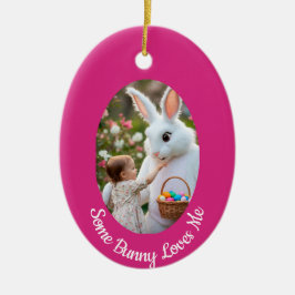 Konijn en kind foto roze blauw Ovaal Lijstje Paasf Keramisch Ornament