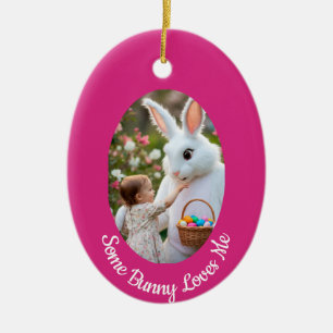 Konijn en kind foto roze blauw Ovaal Lijstje Paasf Keramisch Ornament