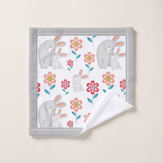 Konijn en konijn, bloemenpatroon grijze Moederdag Bad Handdoek (Wasdoekje)