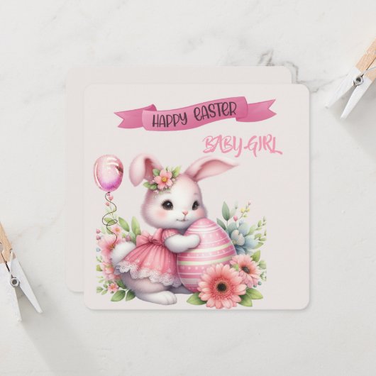 Konijn en paasei Gelukkig Pasen Mooie Meisje Kaart (Voorkant / Achterkant in situ)