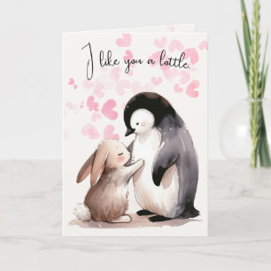 Konijn en pinguïn vrienden knuffel kaart