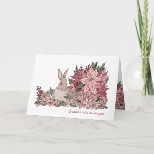 Konijn en Roze Bloemen Nieuwjaar Kaart (Voorkant)