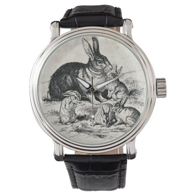  Konijn Familie Illustratie, Baby Bunnies Horloge (Voorkant)