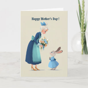 Konijn geeft oma bloemen voor Moederdag Kaart