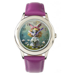 Konijn grote blauwe ogen met een wit boeket horloge