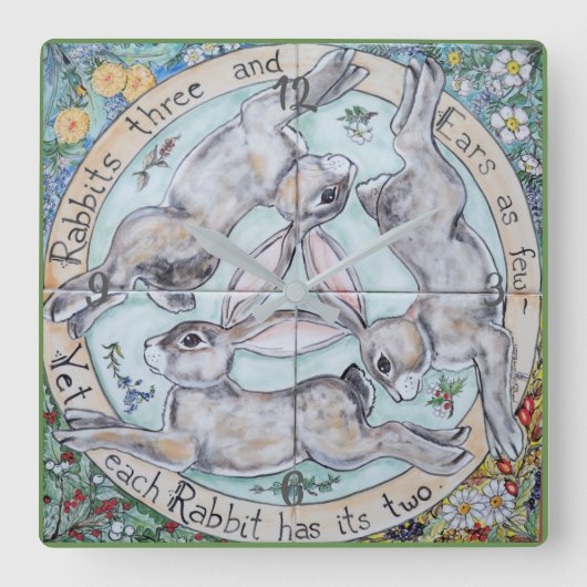 Konijn Hare Trio Vier Seasons Clock Green Vierkante Klok (Voorkant)