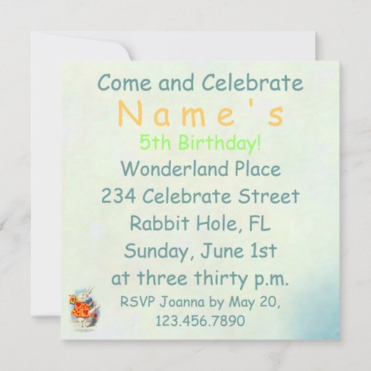 Konijn in Alice Wonderland ~ Uitnodiging (Achterkant)