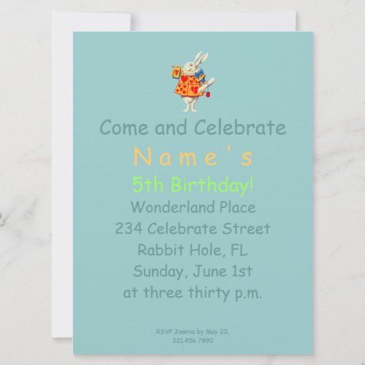 Konijn in Alice Wonderland ~ Uitnodiging (Achterkant)