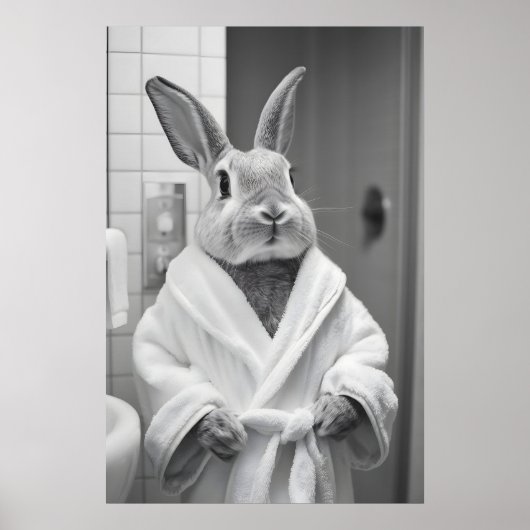 Konijn in badjas print, grappige badkamer AI-kunst Poster (Voorkant)
