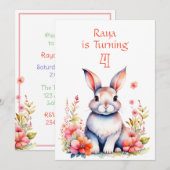 Konijn in bloemen meisjes verjaardagsfeestje  kaart (Voorkant / Achterkant)
