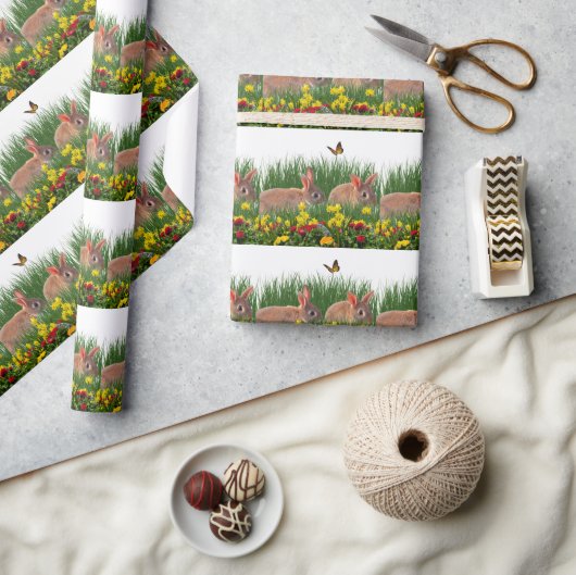  Konijn in bloementuin Lente/Pasen   Cadeaupapier (Crafts)