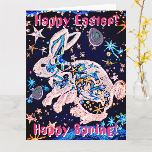 Konijn in de lucht met sterren en eieren kaart (Gele Bloem)
