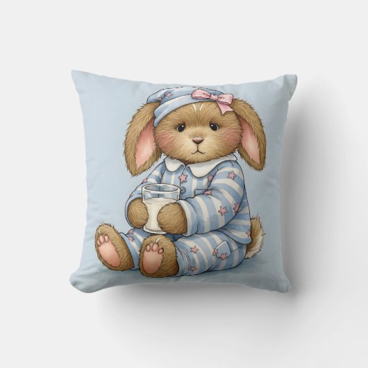 Konijn in een blauwe pyjama met een glas melk kussen (Voorkant)