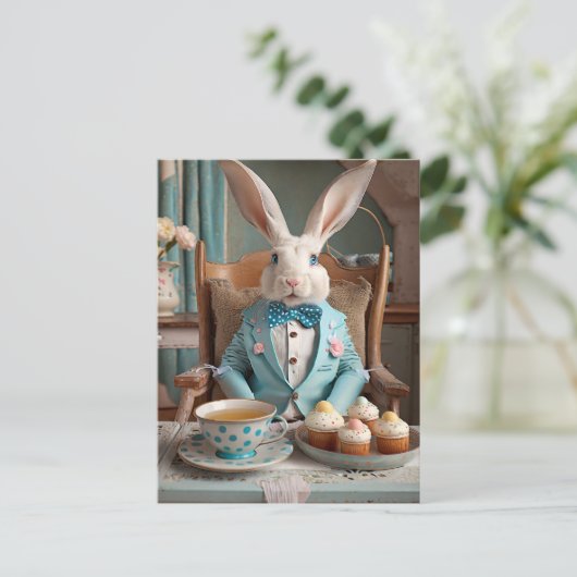 Konijn in een blauwe vacht en boog stropdas briefkaart (Staand voorkant)