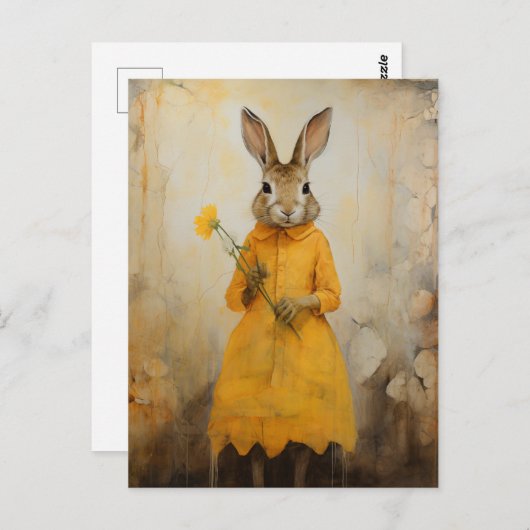 Konijn in een gele jurk met een gele bloem briefkaart (Voorkant / Achterkant)