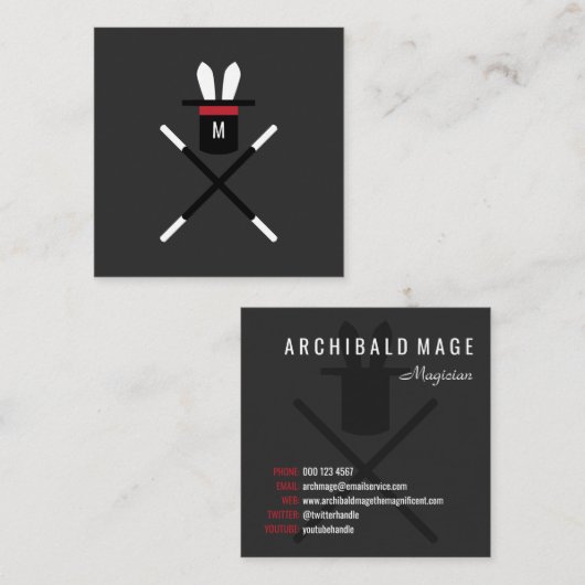 Konijn in een Pet, donkergrijs en roodmonogram Mag Vierkante Visitekaartje (Voorkant / Achterkant)