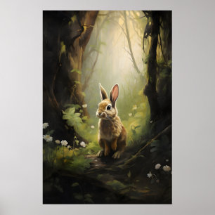 Konijn in groene bos wandprint, donkere academici poster
