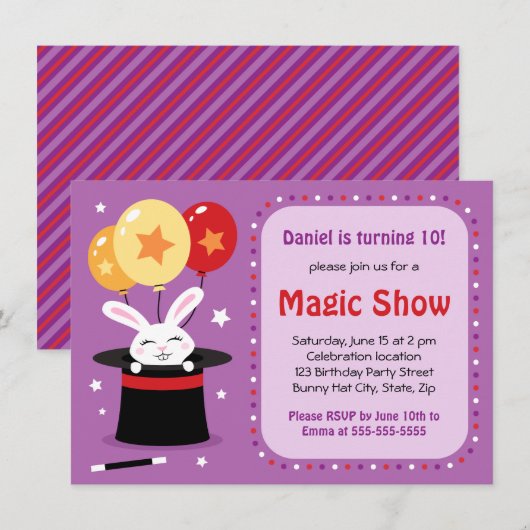 Konijn in magicans pet show verjaardagsfeest kaart (Voorkant / Achterkant)