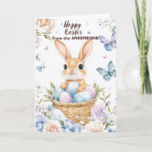 Konijn in mand met paaseieren feestdagen kaart (Voorkant)
