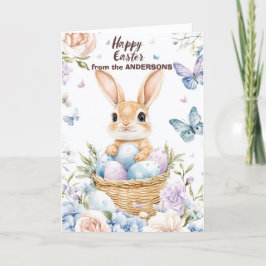 Konijn in mand met paaseieren feestdagen kaart