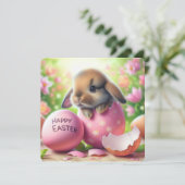 Konijn in paasei met bloemen feestdagenkaart (Staand voorkant)