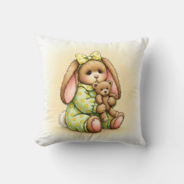 Konijn in pyjama met een pluche teddy kussen