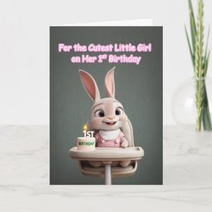 Konijn in Roze Cute Kleine Meid 1e Verjaardag Kaart