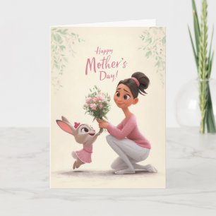 Konijn in roze geeft Moederdagbloemen aan mama Kaart
