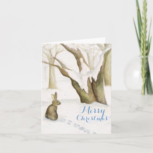 Konijn in sneeuw bossen waterverf kerstkaart feestdagen kaart (Voorkant)