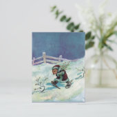 Konijn in winterkat en sneeuwschoenen briefkaart (Staand voorkant)