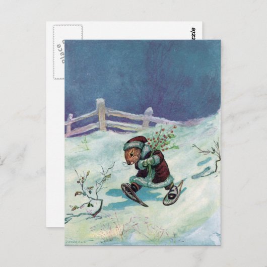 Konijn in winterkat en sneeuwschoenen briefkaart (Voorkant / Achterkant)