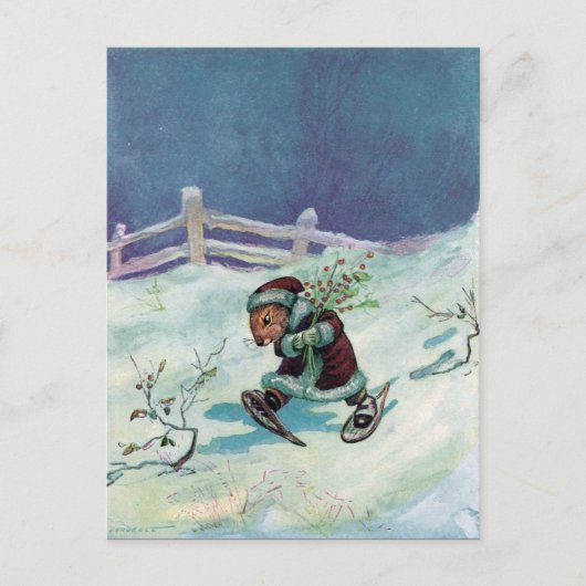 Konijn in winterkat en sneeuwschoenen briefkaart (Voorkant)
