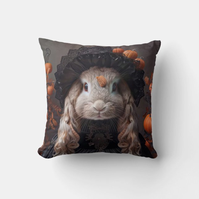 Konijn in zwart middeleeuws kostuum kussen (Voorkant)