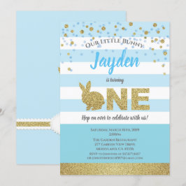 Konijn jongen 1e verjaardagsuitnodiging blauw en g kaart