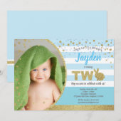 Konijn jongen 2de verjaardag foto uitnodiging in b (Voorkant / Achterkant)